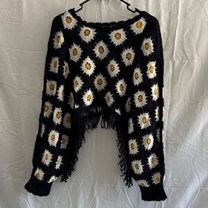 Haute hippie poncho Black Crochet Sweater with Daisy Pattern